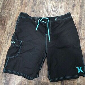 Hurley Men's Black Swim Shorts with Teal Accents Size 36